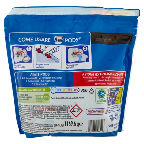 Dash PODS Allin1 Detersivo Lavatrice Capsule Bucato + Azione Extra-Igienizzante 43 Lavaggi 1169,6 g